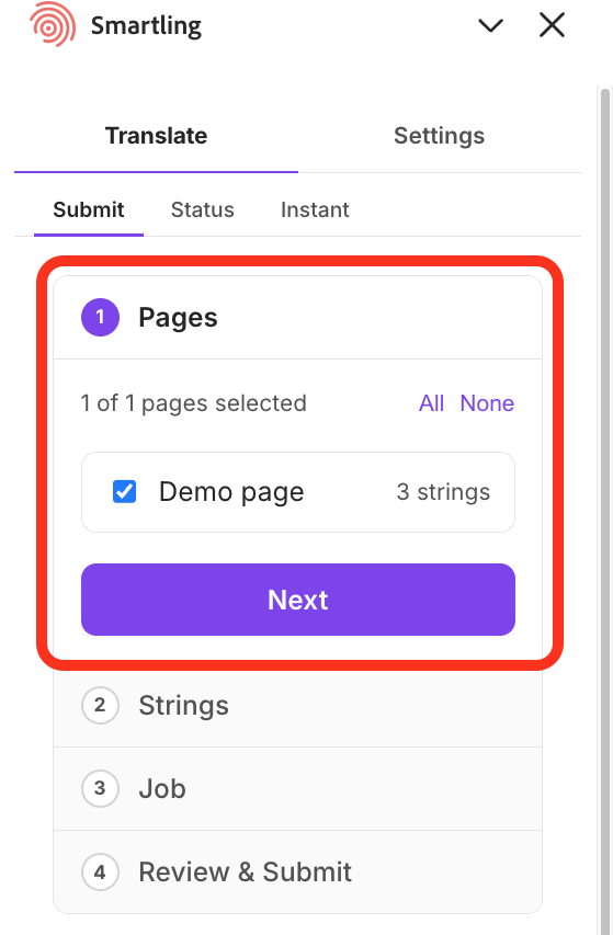 Submit tab, Pages step, showing asset pages with string counts and All/None selection