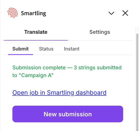 Submit tab confirmation screen showing the number of strings submitted, the job name, and the Open job link