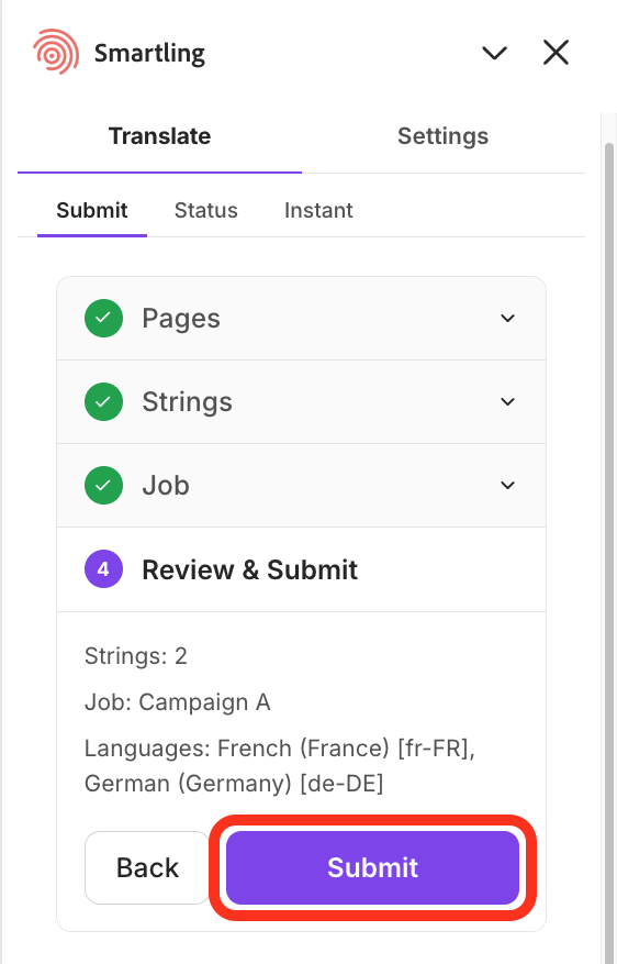 Submit tab, Review and Submit step, showing the strings, job, and languages summary with the Submit button