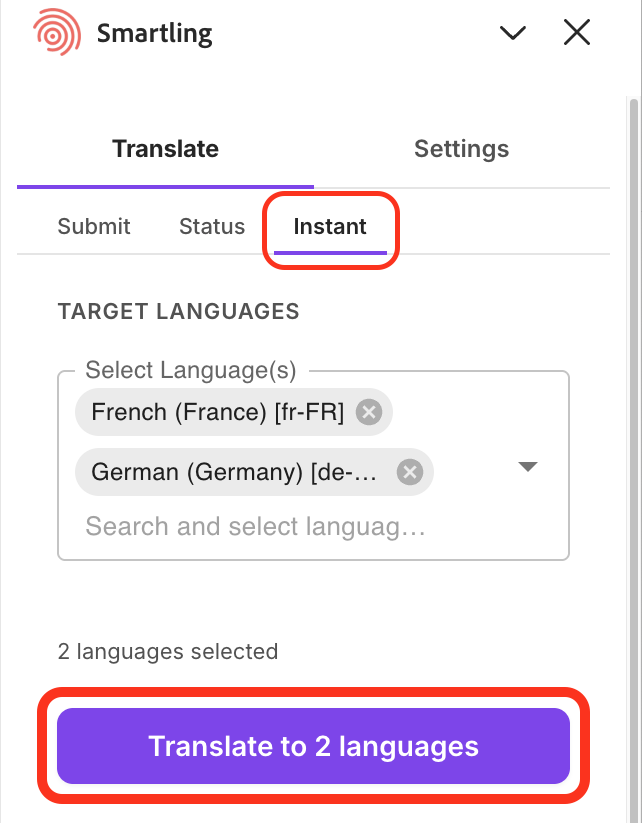 Instant tab, Target Languages selector with selected language chips