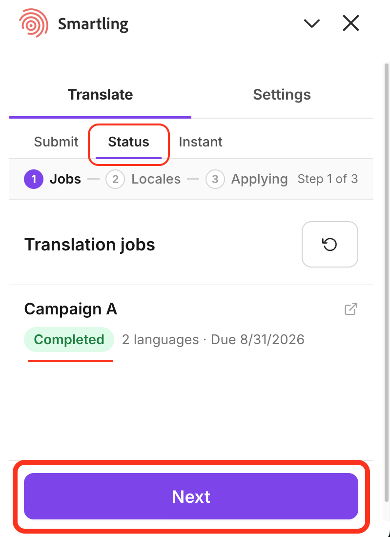 Status tab, Jobs step, showing a completed job with language count and due date