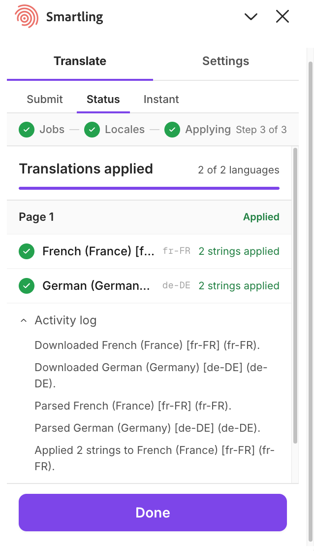 Status tab, final Applying step, showing the translations applied summary and Activity log