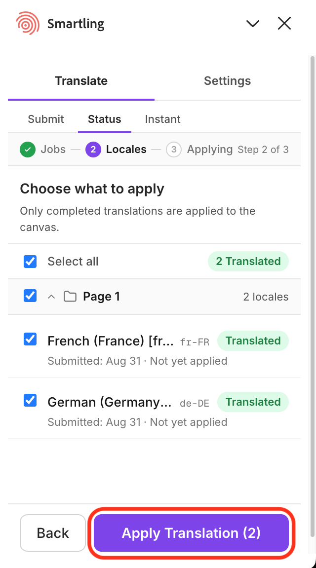 Status tab, Locales step, showing the Apply Translation button