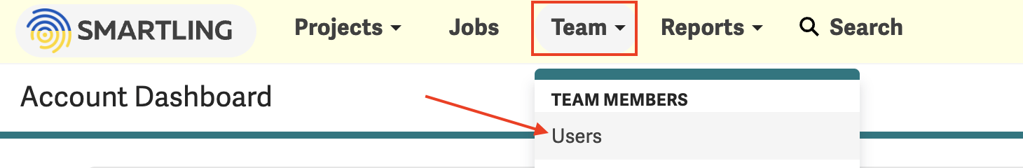 Screenshot of the Team hub in the top navigation