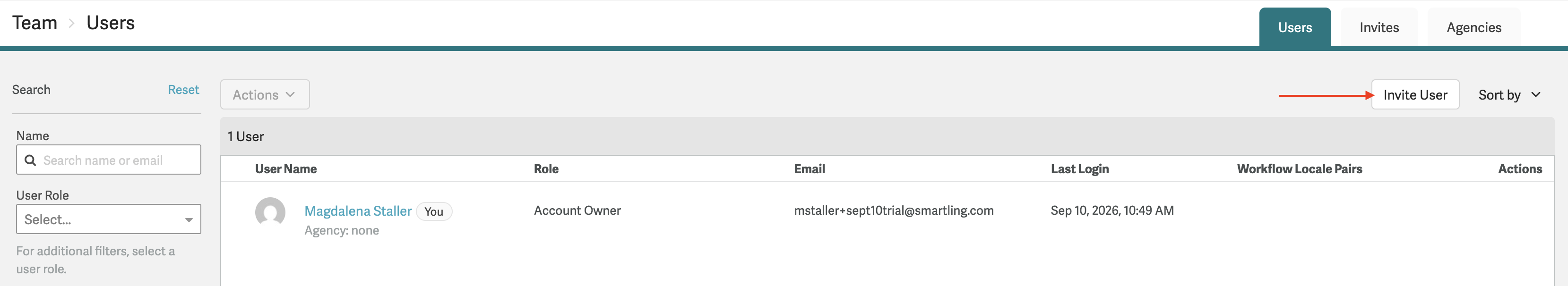 Screenshot of the Invite User button