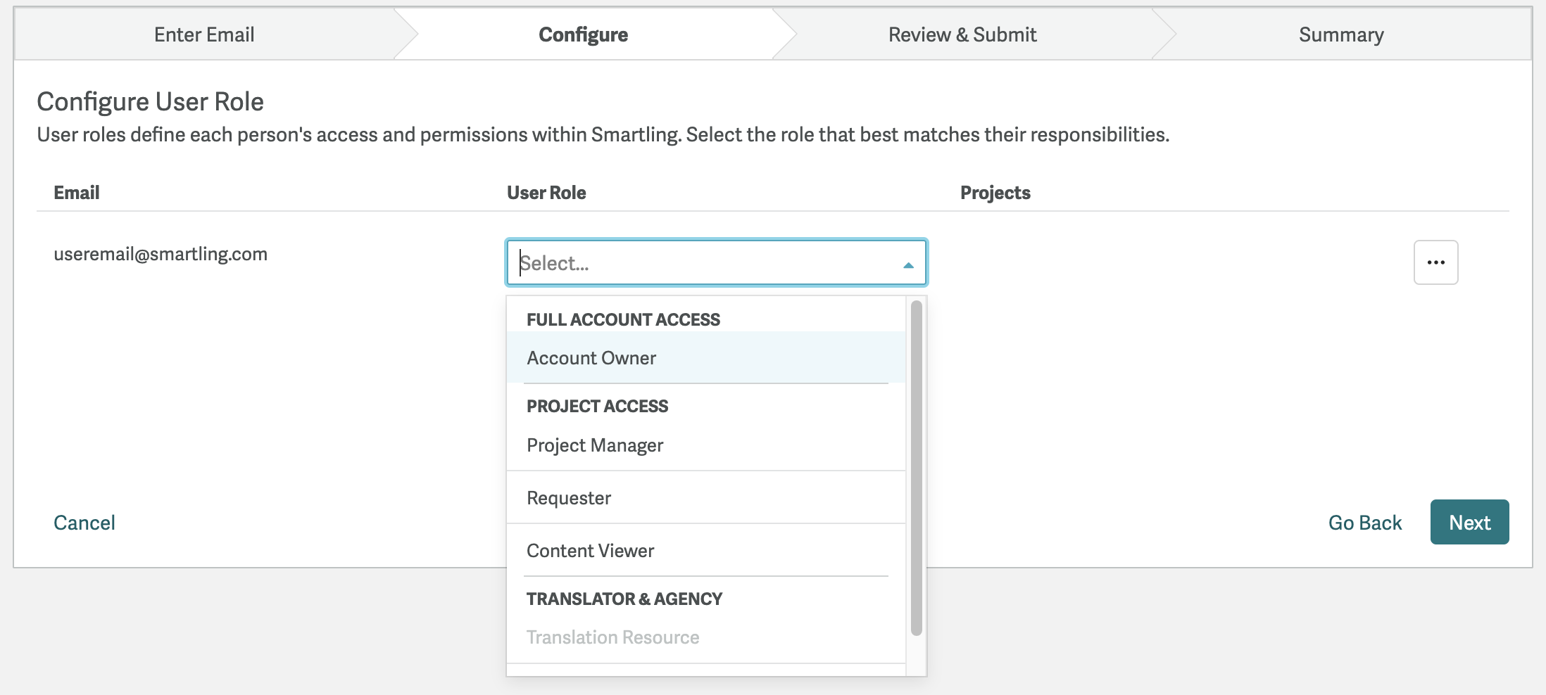 Screenshot of available user roles