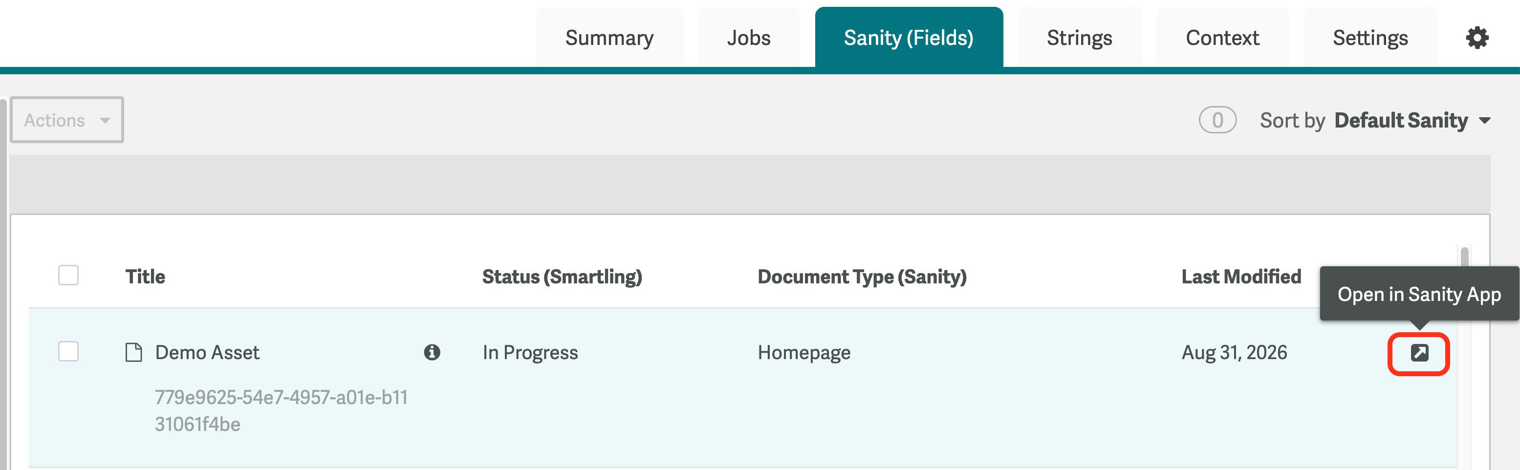 Sanity tab asset list showing the app link icon for each file
