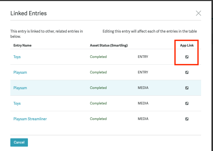 Linked Entries dialog listing related Sanity entries