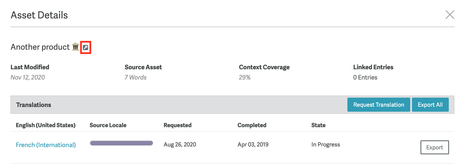 Asset details page showing the app link icon
