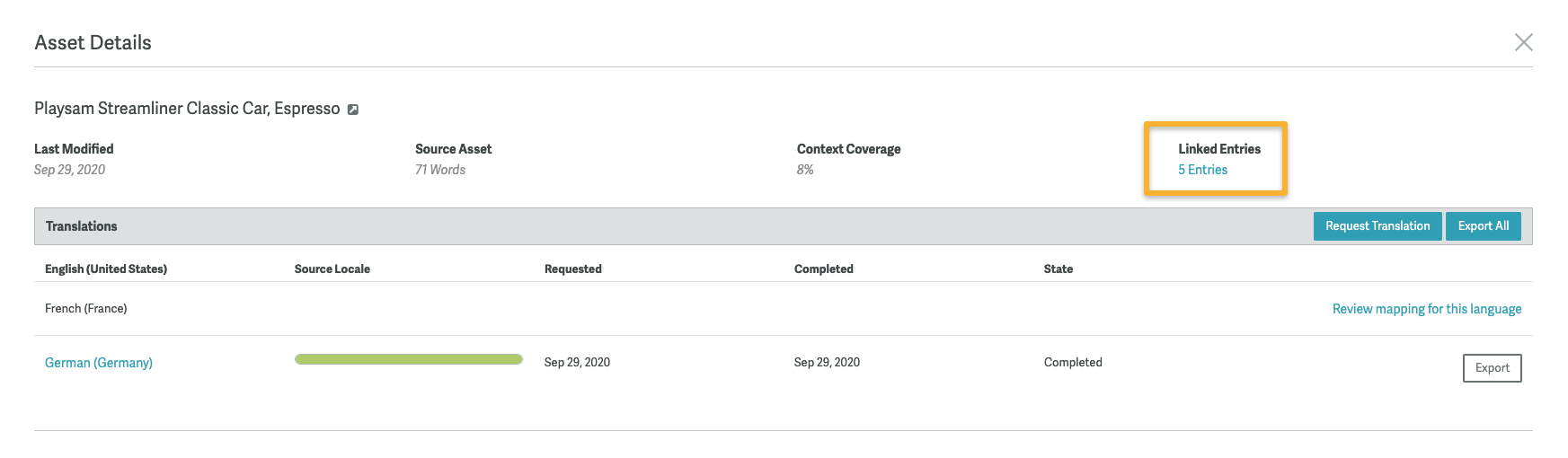 Linked Entries number on the asset details page