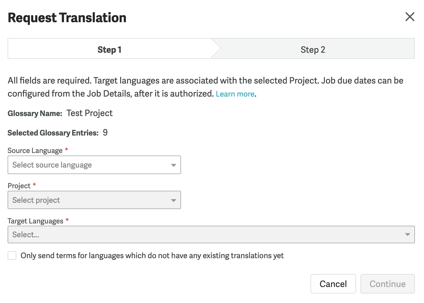 Step 1 of the Request Translation dialog showing the option to only send terms for languages without existing translations