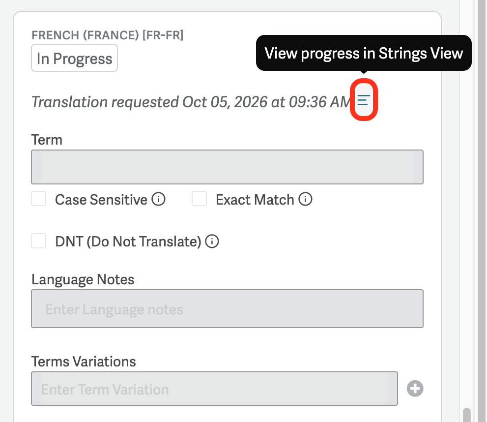 Glossary term in translation with the View progress in Strings View icon highlighted