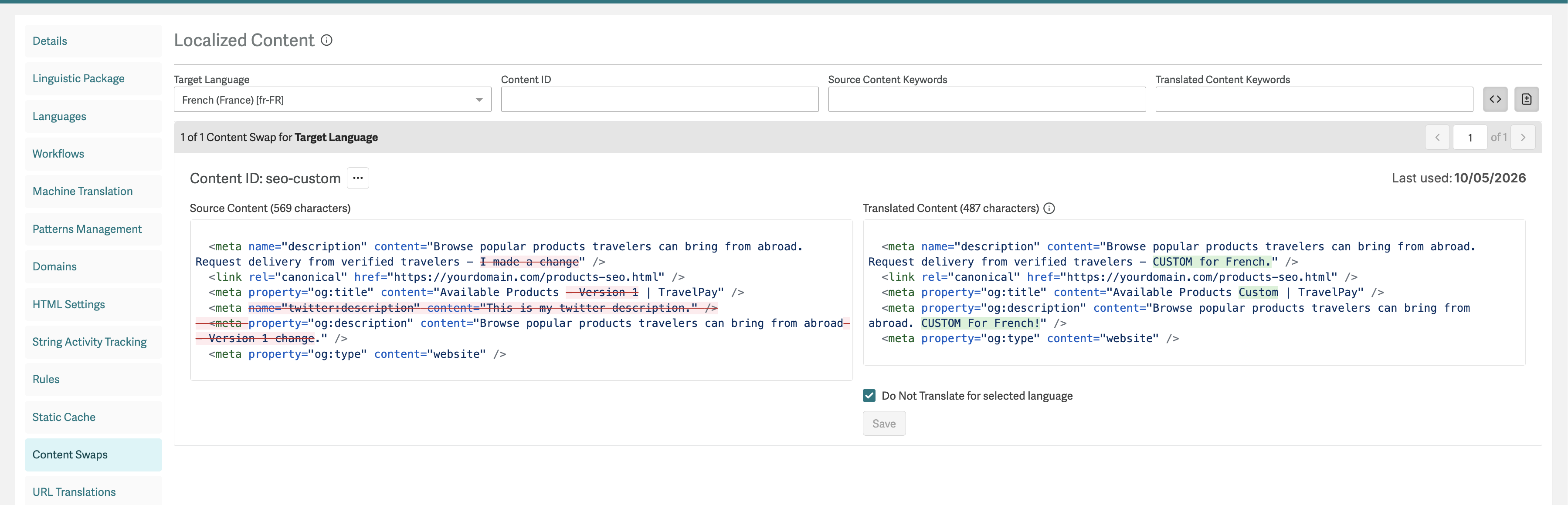 Content Swaps page for French (France) showing updated source content with removed code struck through, and the saved translated content unchanged for Content ID seo-custom.