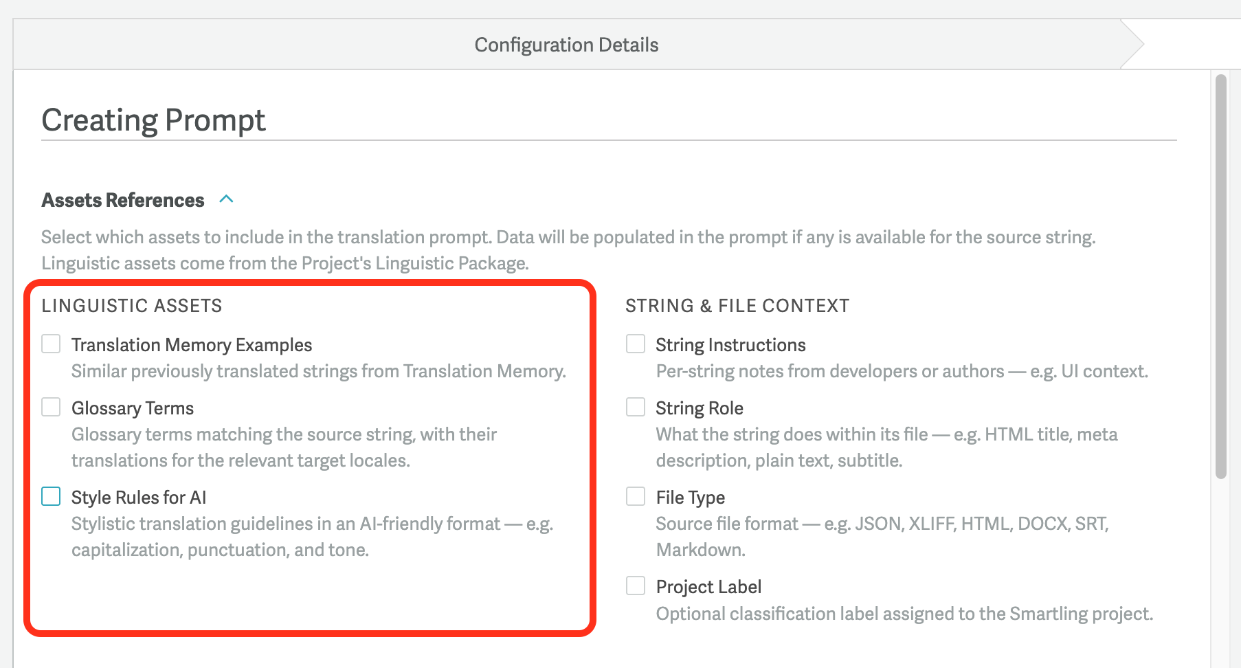 Linguistic Assets checkbox group under Assets References, showing Translation Memory Examples, Glossary Terms, and Style Rules for AI