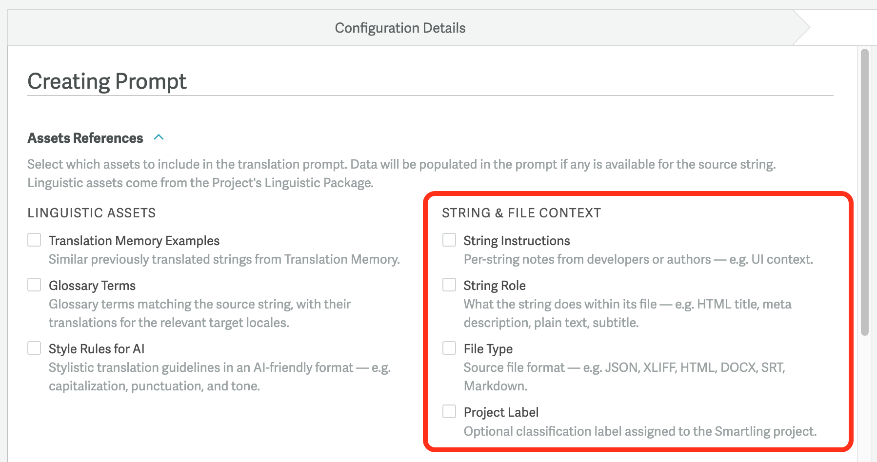 String & File Context checkbox group under Assets References, showing String Instructions, String Role, File Type, and Project Label