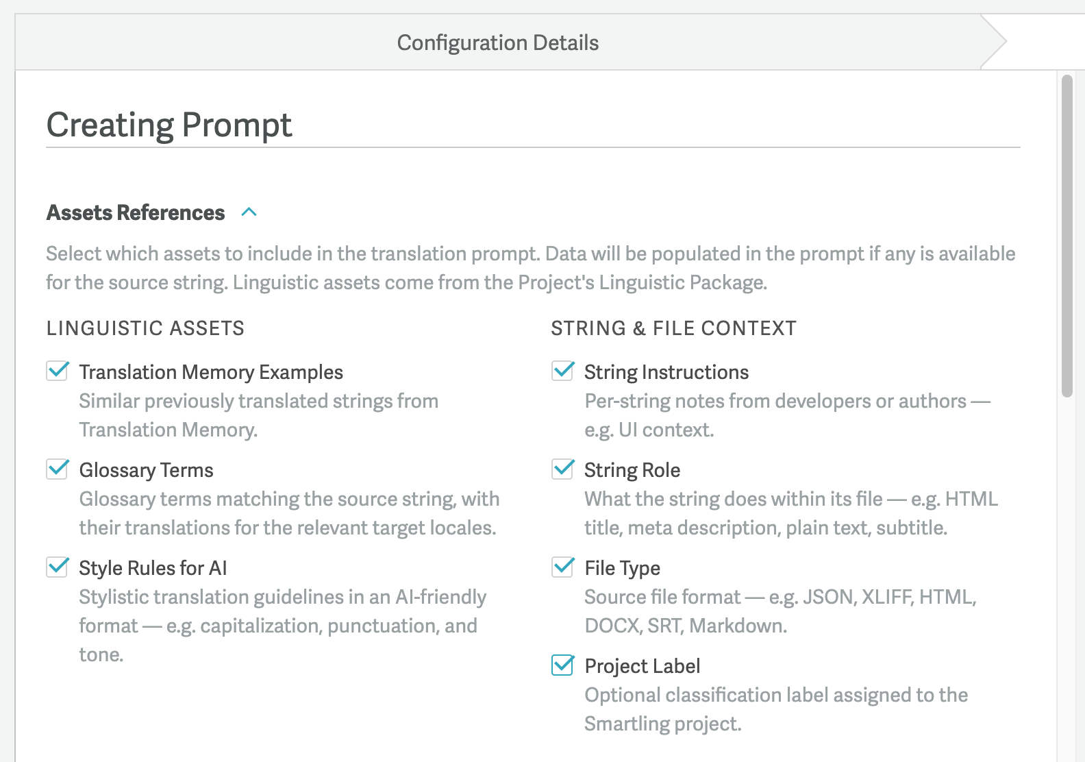 Assets References section of the LLM Profile with all seven sources enabled, grouped under Linguistic Assets and String & File Context
