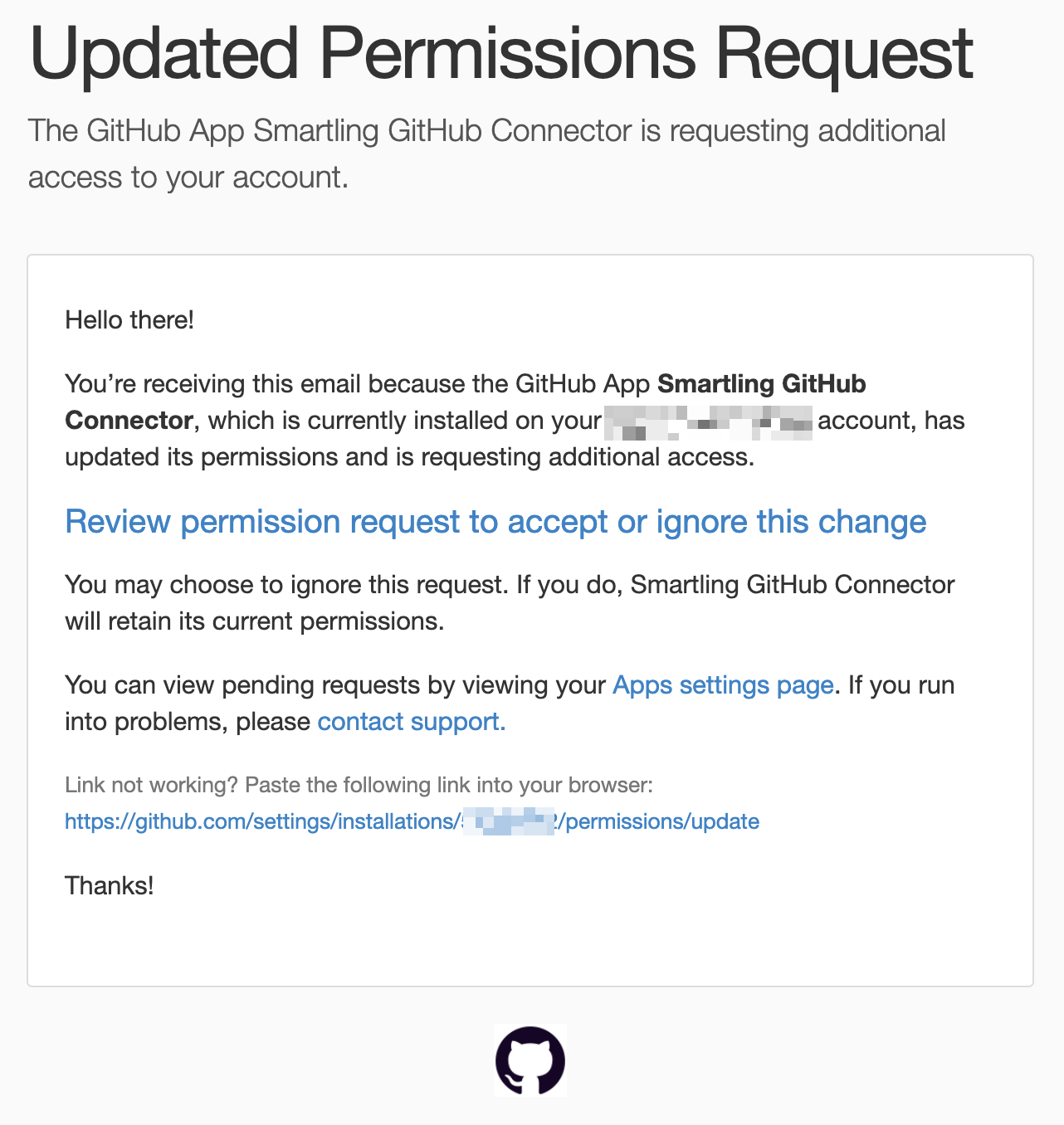 GitHub email titled Updated Permissions Request, stating that the Smartling GitHub Connector is requesting additional access to your account