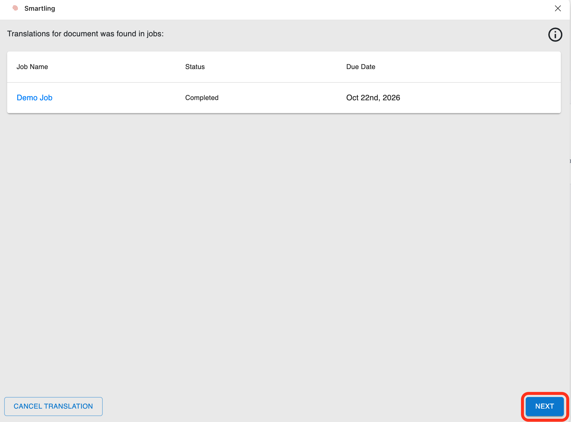 Translation Status screen in the Smartling plugin
