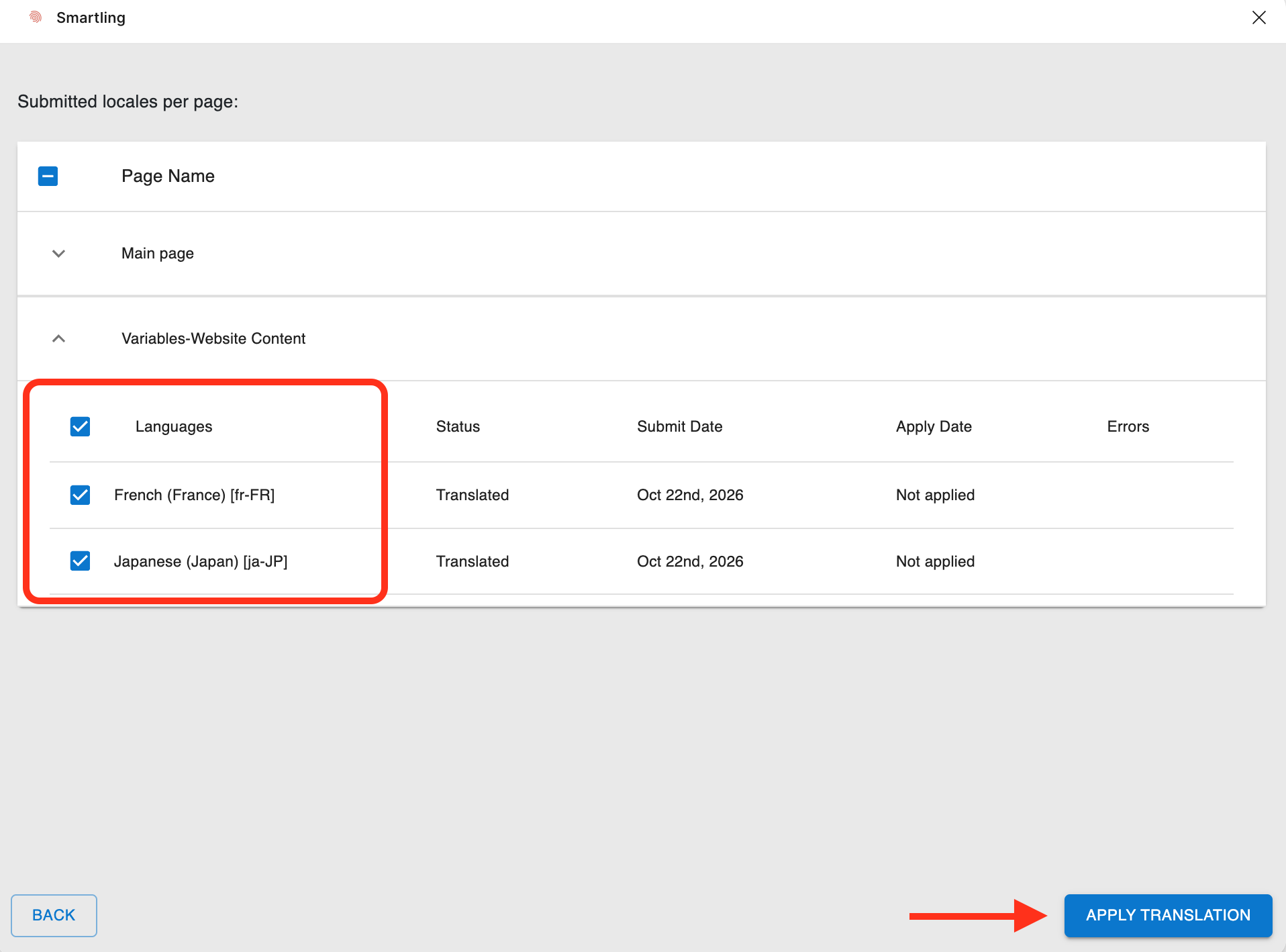 Apply Translations screen with target languages selected