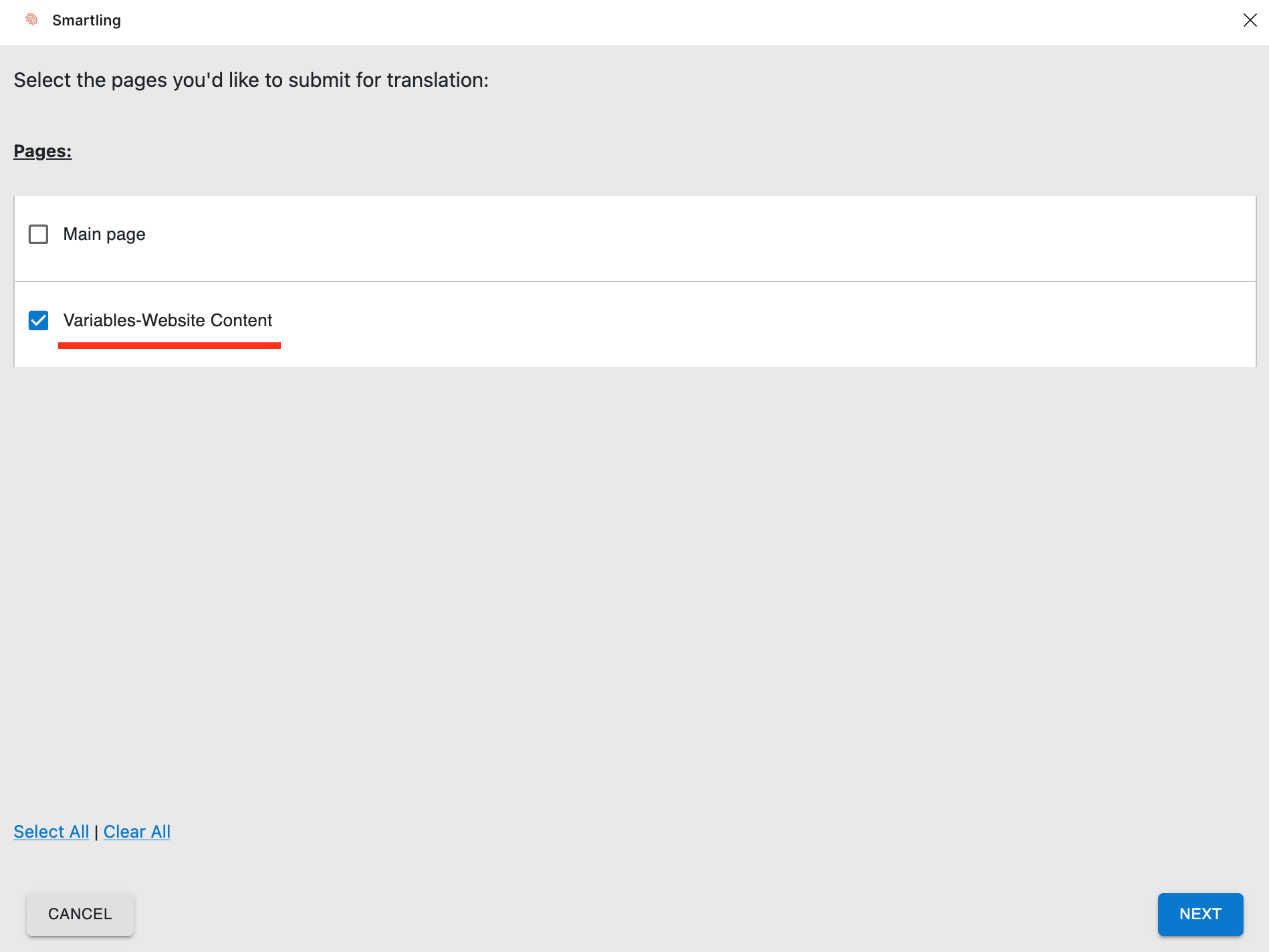 Submit Translations screen in the Smartling plugin with Figma variables listed as a separate page