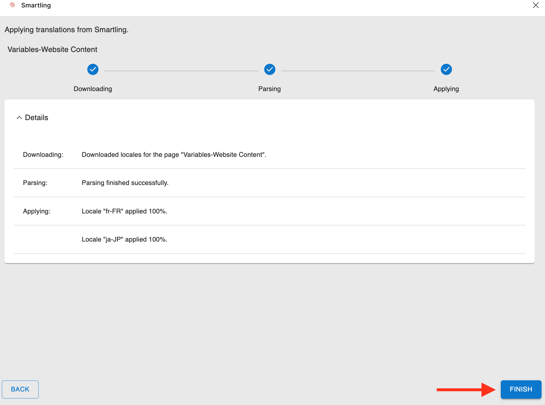 Final screen of the apply process with the Finish button