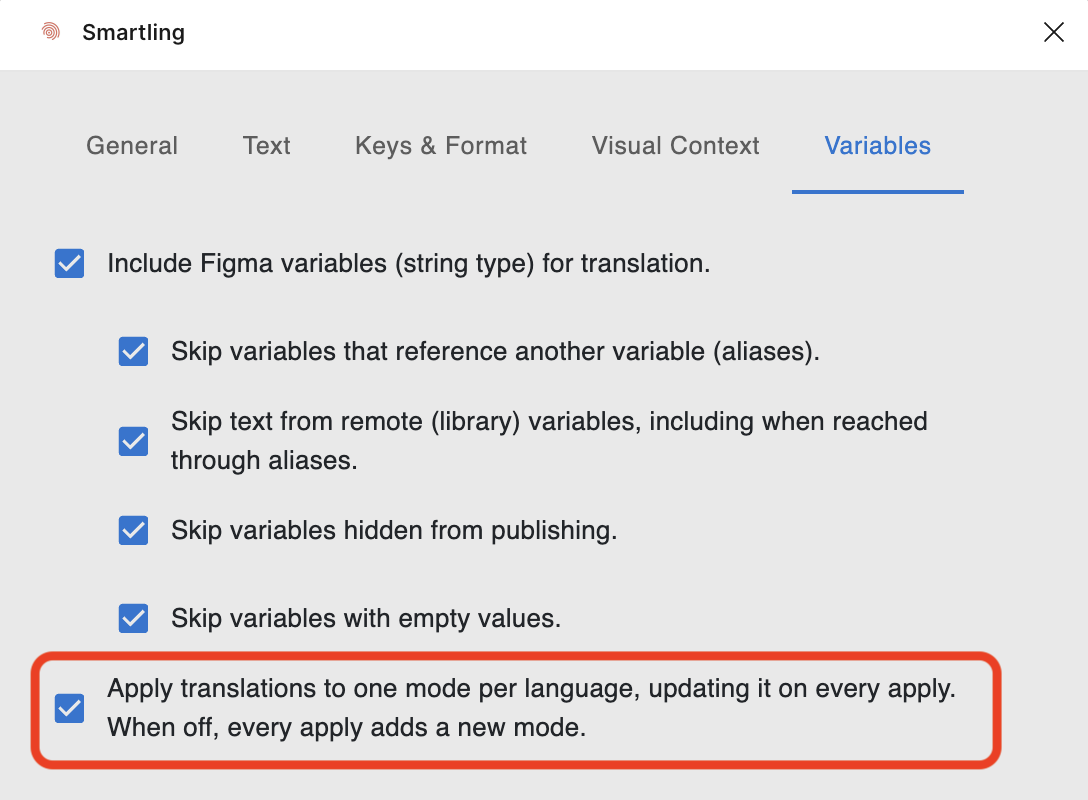 Variables tab in the Smartling plugin settings with the one-mode-per-language setting selected