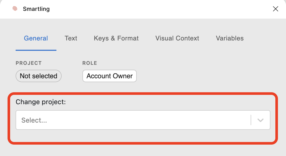 Smartling plugin General tab with the Change project dropdown highlighted