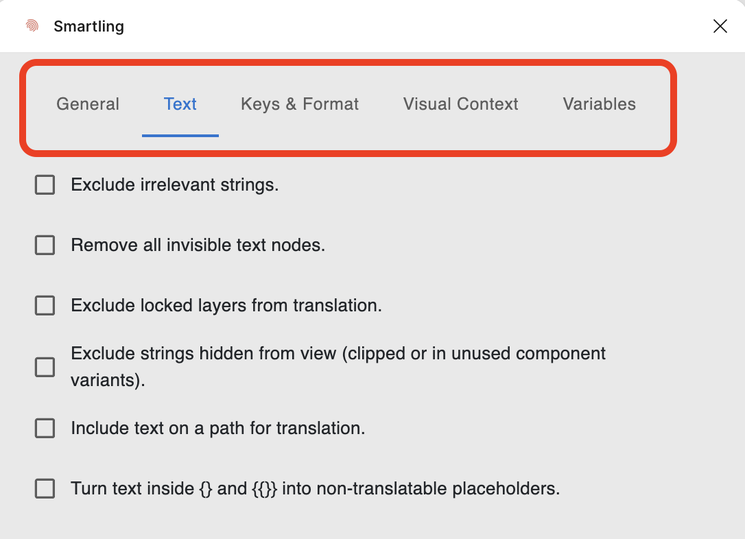 Smartling plugin settings window showing the General, Text, Keys & Format, Visual Context, and Variables tabs
