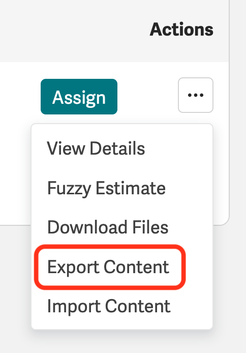 Jobs Dashboard Job menu with Export Content selected