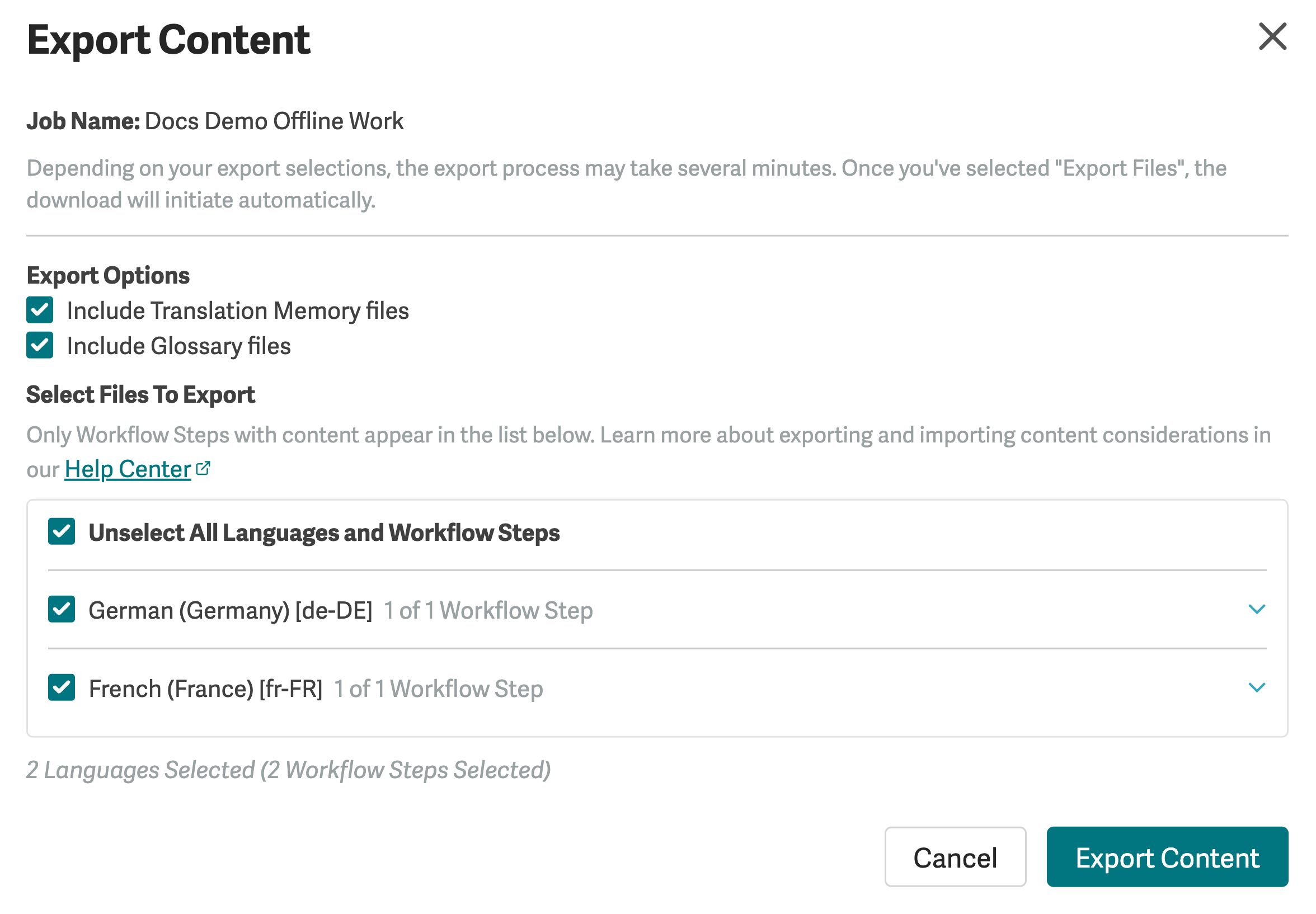 Export Content dialog showing language and workflow step selection and optional Translation Memory and Glossary files