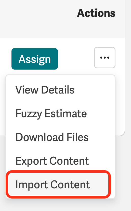 Jobs Dashboard Job menu with Import Content selected
