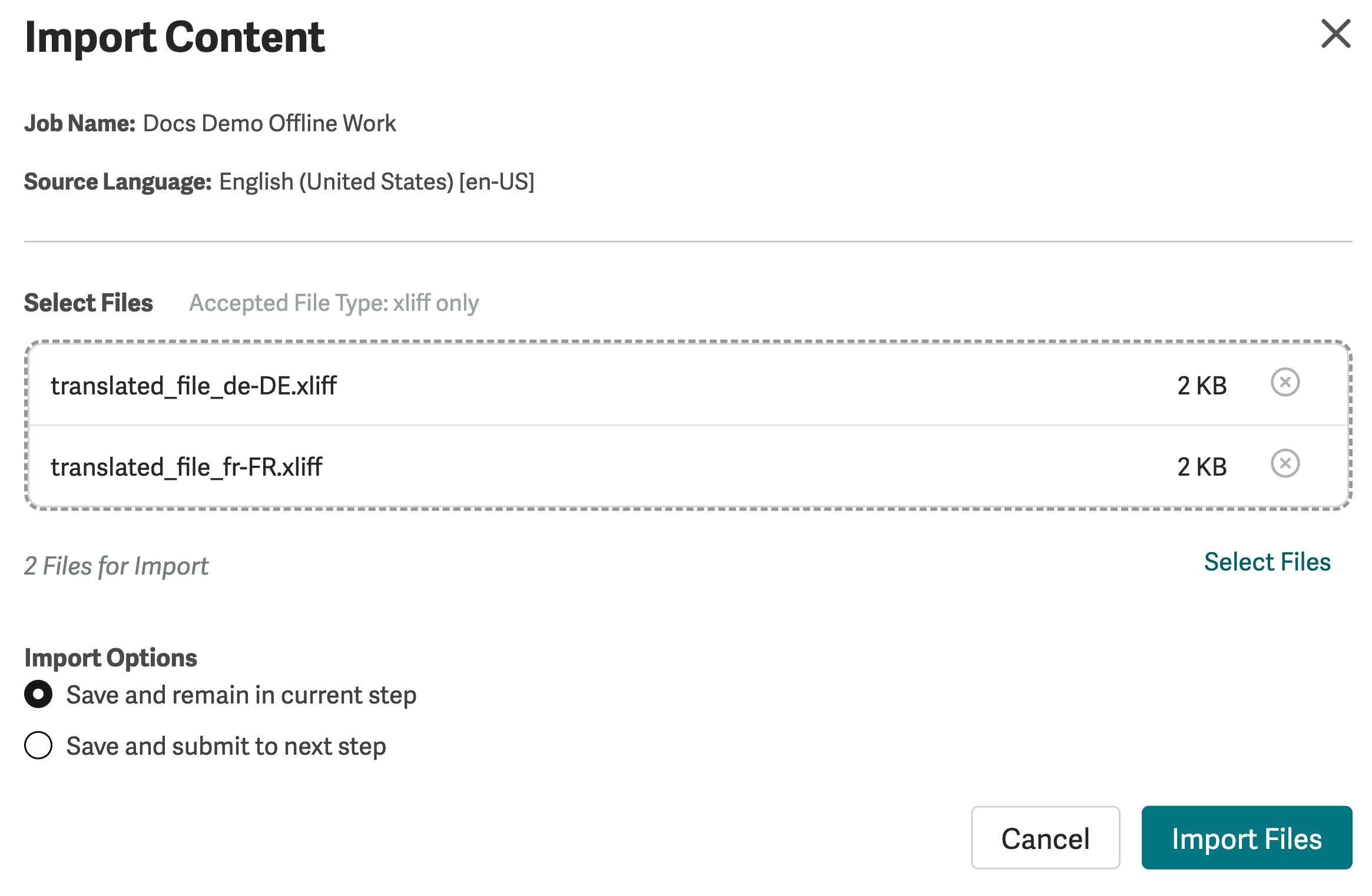 Import Content dialog showing the result for each imported file